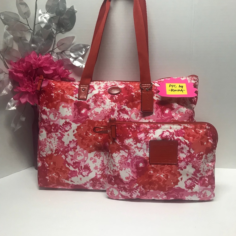 Coach Packable Nylon Floral Tote Bag Purse +Pouch